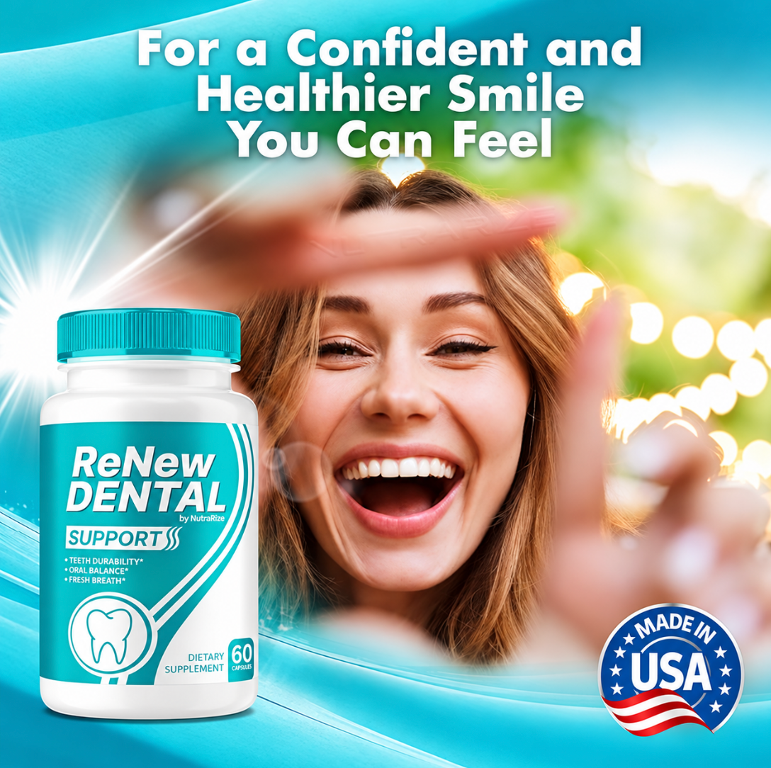 Renew Dental Support promotional image featuring a smiling woman and product bottle