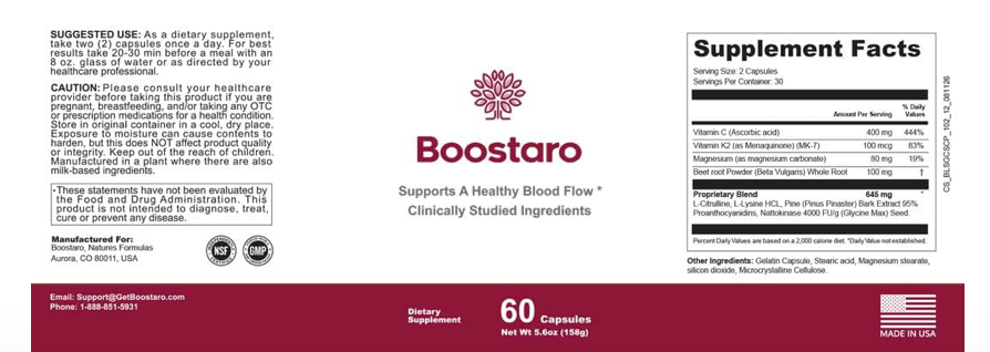 Boostaro Supplement Facts label