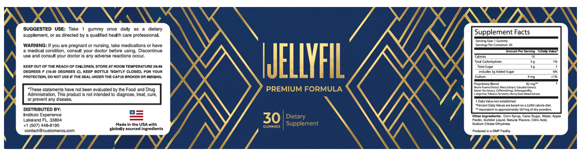 JellyFil premium formula product label and Supplement Facts